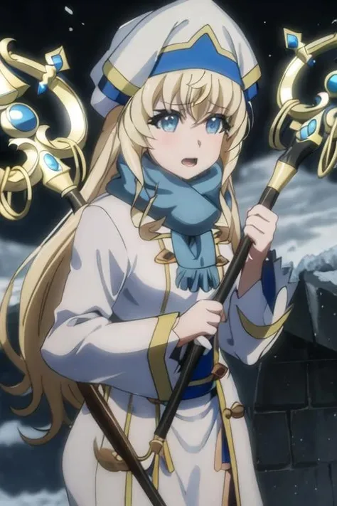 best quality, masterpiece, highres, solo, {priestess_goblinslayer:1.15}, blonde_hair, long_hair, blue_eyes, hat, bangs, open_mouth, 1girl, holding, holding_staff, staff, long_sleeves, robe, scarf