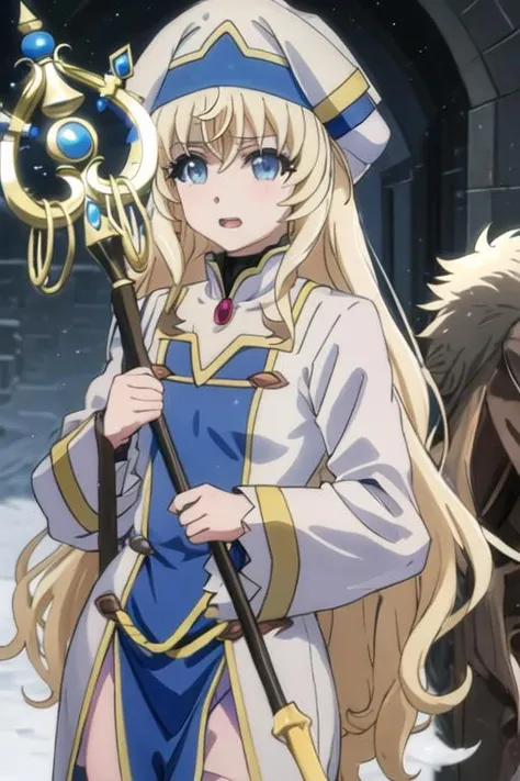 best quality, masterpiece, highres, solo, {priestess_goblinslayer:1.15}, blonde_hair, long_hair, blue_eyes, hat, bangs, open_mouth, 1boy, 1girl, armor