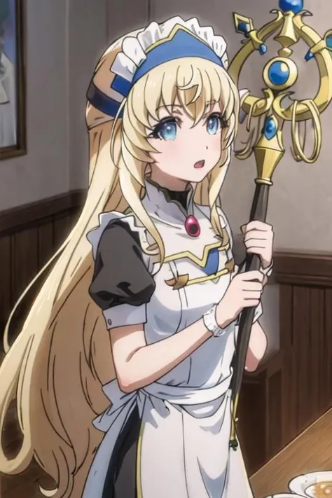 best quality, masterpiece, highres, solo, {maid:1.40}, {long maid dress:1.15}, {priestess_goblinslayer:1.15}, blonde_hair, long_hair, blue_eyes, hat, bangs, open_mouth