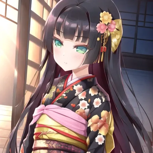 1girl, print kimono,