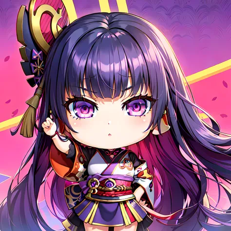 1girl, masterpiece, straight purple hair, messy hair, raiden shogun\(genshin impact\), (orange and purple eyes:1.1),  (chibi, super deformed), simple background