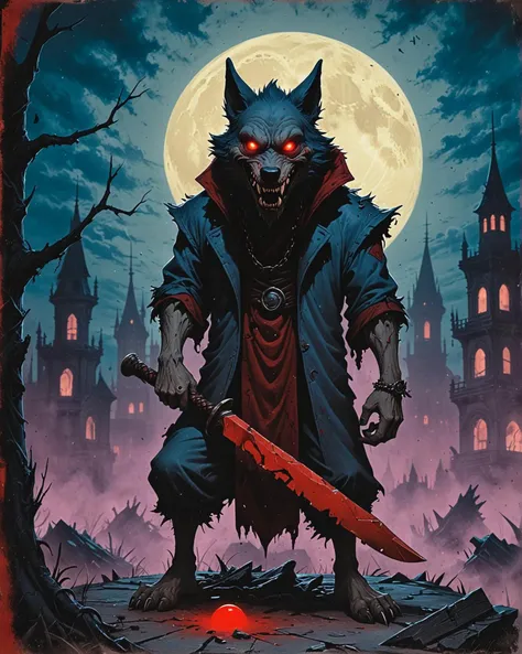 hearthstone style the image showcases a menacing figure with a wolf like mask, glowing red eyes, and sharp teeth. the figure is depicted in a crouching position, holding a large, scarlet stained cleaver in one hand. the background is a dilapidated urban setting with a large, luminous moon in the sky. the color palette is dominated by deep blues and purples, creating a nighttime ambiance. the overall mood of the image is eerie and foreboding. . digital card game, strategic play, fantasy lore, <lora:sdxl_lightning_8step_lora.safetensors:0.7>