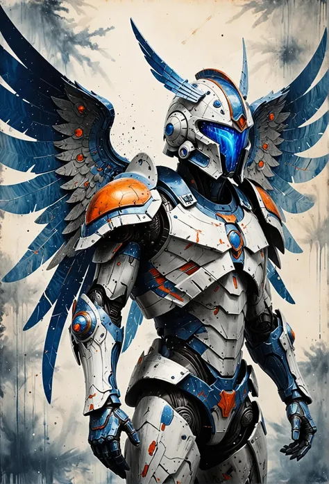 the image showcases a futuristic armored figure, possibly a soldier or warrior, with wings extending from its back. the figure is adorned with a helmet that has a halo like light emanating from it. the armor is intricately designed with various shades of blue, gray, and hints of red. the wings are large and appear to be made of a metallic or crystalline material, with a mix of colors like white, blue, and orange. the background is a vibrant mix of blues, whites, and hints of other colors, giving the impression of a cosmic or celestial setting. the overall mood of the image is both majestic and intense, suggesting a character of great importance or power., realistic, ink splashes, rough ink sketch, moody, gloomy, dark picture, high contrast, stylized., <lora:sdxl_lightning_8step_lora.safetensors:0.7>