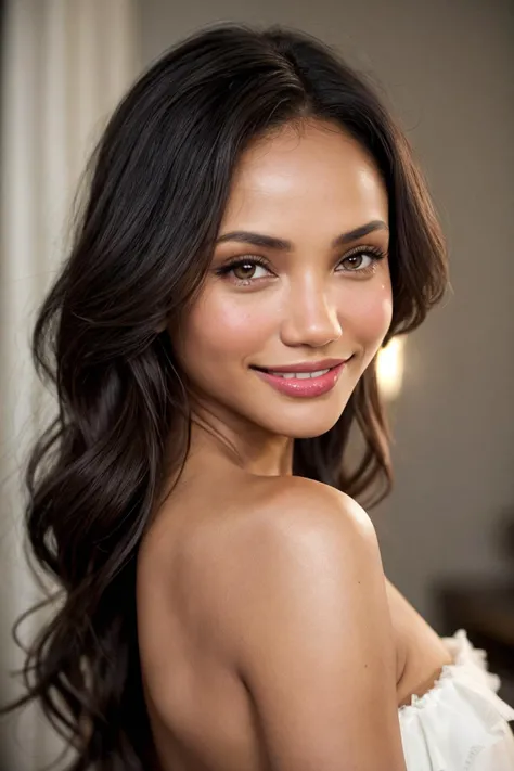 A charming mixed race woman, seductive look, natural makeup, shy smiling, well lit,
[[Logan Browning | Cameron Diaz]:2]