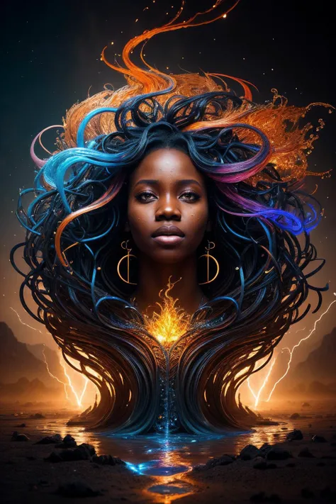 [style of Noah Bradley : real life photo : 0.75],
[(charming adult African woman) | Leomie Anderson  | Maria Borges] [face | ,moon | ,sun], water streams, chain lightning, fire tornado, liquid hair, [fractal art:0], [chaotic particles:1], [intricate colorful fusion:0], [paper craft:4], wild desert