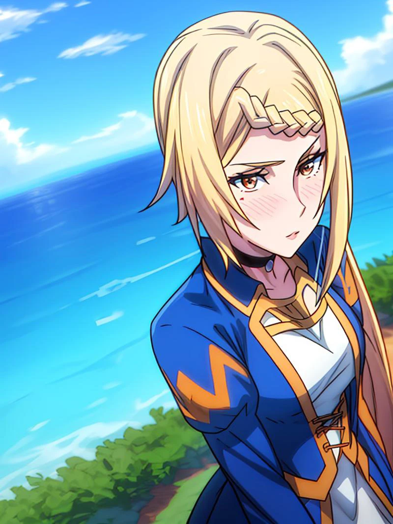 hyper realistic, (masterpiece:1.3), (absurdres:1.3), (best quality:1.3), (8K), ((perfect face)), detailed hands, detailed eyes, (vivid colors), (intricate details:1.3), vibrant colors, (ultra-detailed:1.3), ((dinamic lighting)), ((full body view))
(1girl), young woman, age face, Slender body, hourglass figure, shiny skin, view from above,
BREAK
killerqueen, 1girl, solo, long_hair, blush, blonde_hair, long_sleeves, brown_eyes, braid, outdoors, sky, choker, day, puffy_sleeves, cloud, blue_sky, dutch_angle, postapoc_scenery, Killer_Queen, , <lora:more_details:0.7>, <lora:aaa9d564-5a64-4a4c-8d7b-fb4a9f5f8525:0.7>, <lora:1171b0c5-464d-4878-a1dc-40567c66590c:0.7>, <lora:b78921b7-68ac-4e3a-a47f-5617284f44a3:0.7>