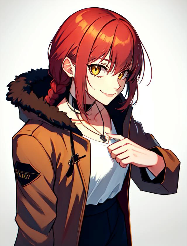 <lora:WesternAnimeLike:0.8>
<lora:MakimaChainsawMan:0.7>
1girl, makima (chainsaw man), solo, ringed eyes, braid, yellow eyes, braided ponytail, red hair, smile, looking at viewer, shirt, simple background, coat, white shirt, jewelry, necklace, bangs, skirt, long hair, shirt tucked in, light smile, long sleeves, sidelocks, brown coat, alternate costume, grey background, choker, plaid, pants, jacket, black skirt, closed mouth, white background, single braid, standing, medium hair, black pants, sleeves past wrists