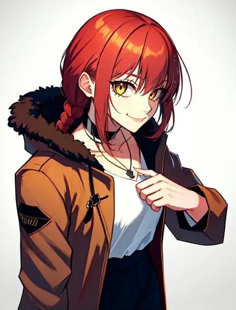 <lora:WesternAnimeLike:0.8> 
<lora:MakimaChainsawMan:0.7> 
1girl, makima (chainsaw man), solo, ringed eyes, braid, yellow eyes, braided ponytail, red hair, smile, looking at viewer, shirt, simple background, coat, white shirt, jewelry, necklace, bangs, skirt, long hair, shirt tucked in, light smile, long sleeves, sidelocks, brown coat, alternate costume, grey background, choker, plaid, pants, jacket, black skirt, closed mouth, white background, single braid, standing, medium hair, black pants, sleeves past wrists