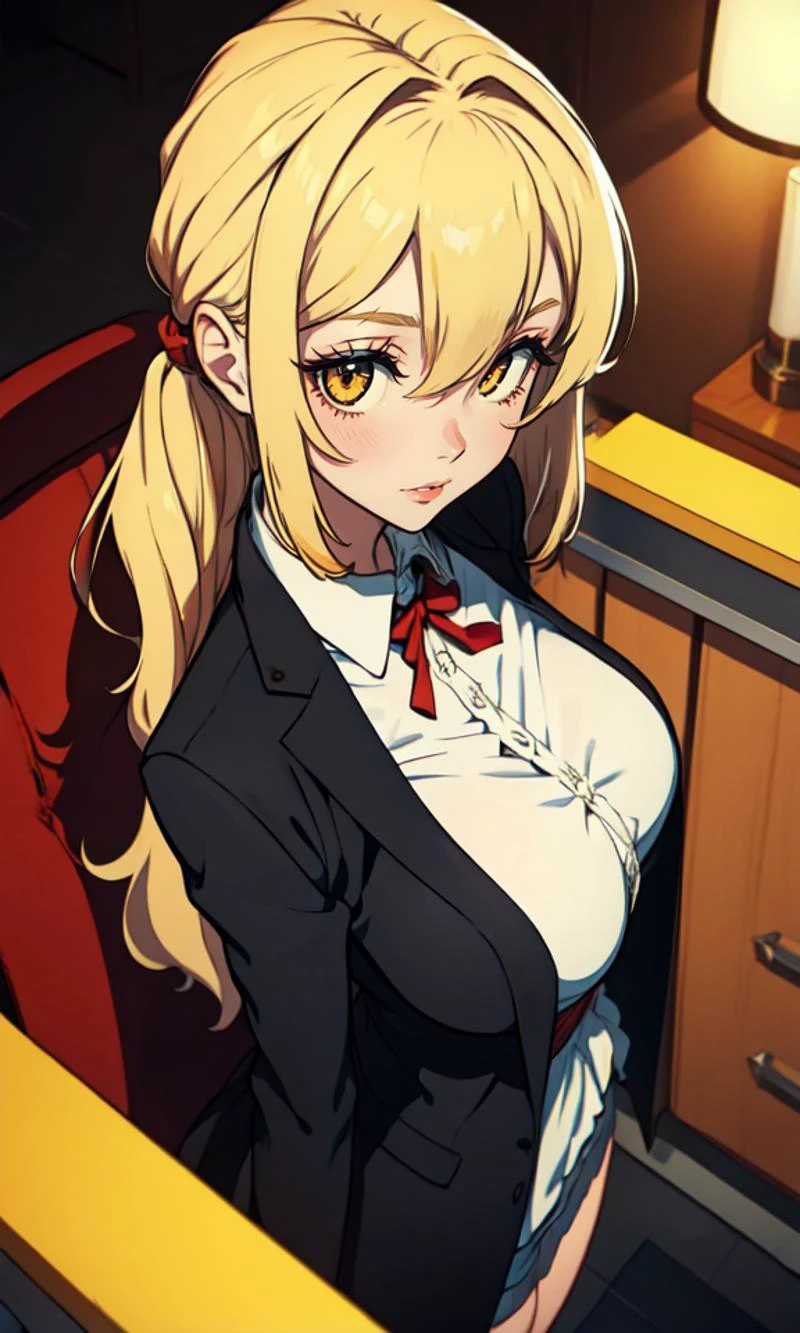 <lora:AnimeWesternLike(1):0.8>
(best quality, masterpiece:1.3), (perfect details:1.1),
1girl, solo, shirt, smile, breasts, large breasts, jacket, white shirt, blonde hair, looking at viewer, long sleeves, hair between eyes, yellow eyes, blush, from above
