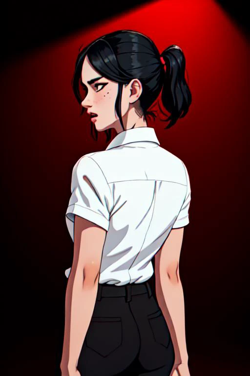 <lora:WesternAnimeLike:1> 1girl, ass, solo, mole, black hair, pants, red background, blush, mole under eye, shirt, open mouth, simple background, hair ornament, black pants, looking back, white shirt, looking at viewer, from behind, collared shirt ((perfect face)), very deep eyes, (cinematic lighting), detailed eyes, best quality, bishoujo, sidelight, highres, (intricate details),