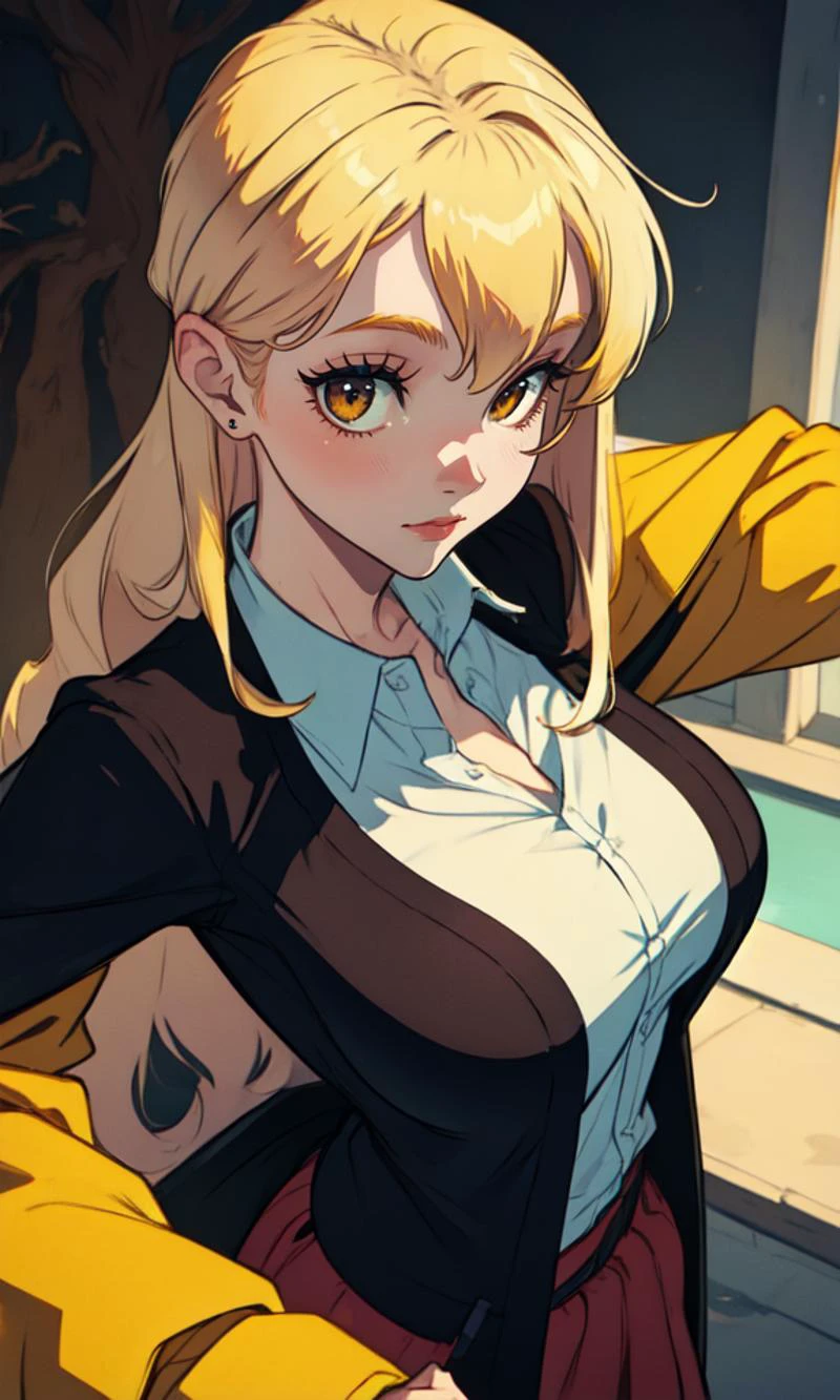 <lora:AnimeWesternLike(1):0.8>
((Disney)), (best quality, masterpiece:1.3), (perfect details:1.1),
1girl, solo, shirt, smile, breasts, large breasts, jacket, white shirt, blonde hair, looking at viewer, long sleeves, hair between eyes, yellow eyes, blush, from above