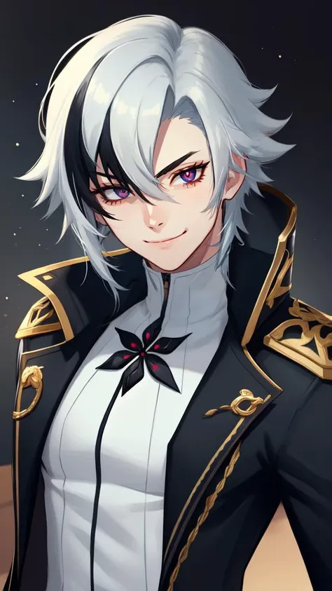 <lora:arlecchino-v2:1>, 
((1boy, solo, male focus)), ((cowboy shot)), military uniform, black eyes, black hair, closed mouth, grey hair, grey jacket, grey shirt, hair between eyes, jacket, looking at viewer, multicolored hair, red pupils, short hair, simple background, smile, solo, symbol-shaped pupils, two-tone hair, white background, x-shaped pupils, arlecchino genshin impact, ((jojo no kimyou na bouken)), ((jojo)), 
((perfect face)), very deep eyes, (cinematic lighting), detailed eyes, best quality, bishoujo, sidelight, highres, (intricate details),    [CHAR-M Genshin Impact Alhaitham]