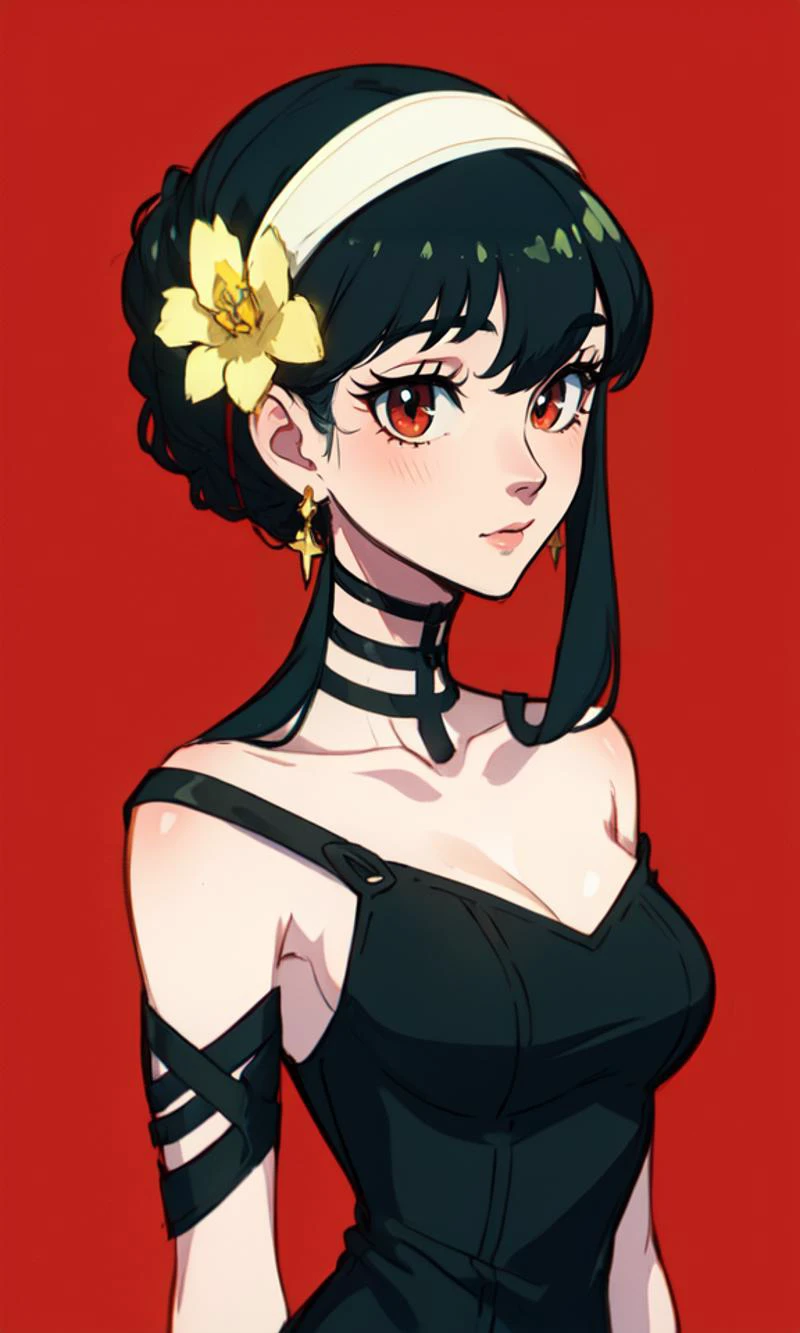 <lora:AnimeWesternLike(1):0.8>
<lora:yor-ALK:0.8>
(best quality, masterpiece:1.3), (perfect details:1.1),
(Disney), 1girl, solo, red eyes, black hair, jewelry, hairband, dress, black dress, earrings, smile, blush, upper body, looking at viewer, breasts, flower, sidelocks, hair ornament, hair flower, bare shoulders, bangs, simple background, medium breasts, from side, closed mouth