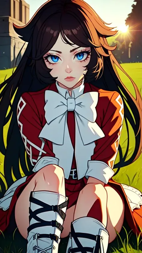 <lora:AnimeWesternLike(1):0.8> 
<lora:AlicePandoraHearst:0.6> 1girl, bone, boots, bow, bowtie, brown hair, closed mouth, dress, grass, hair flaps, hand up, knee boots, leaf, long hair, long sleeves, looking at viewer, red dress, sidelocks, sitting, solo, sunlight, very long hair, white bow, white bowtie, white footwear, alice pandora hearts, absurdres, highres ((perfect face)), very deep eyes, (cinematic lighting), detailed eyes, best quality, bishoujo, sidelight, highres, (intricate details),