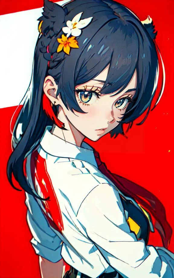 <lora:WesternAnimeLike:1.5>
1girl, ass, solo, mole, black hair, pants, red background, blush, mole under eye, shirt, open mouth, simple background, hair ornament, black pants, looking back, white shirt, looking at viewer, from behind, collared shirt
((perfect face)), very deep eyes, (cinematic lighting), detailed eyes, best quality, bishoujo, sidelight, highres, (intricate details),