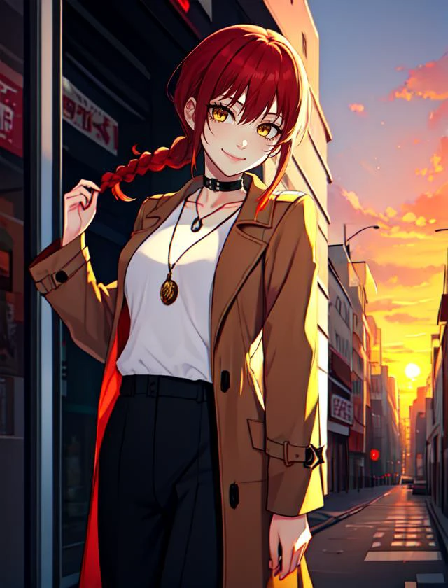 <lora:WesternAnimeLike-000016:1>
<lora:MakimaChainsawMan:0.7>
1girl, makima (chainsaw man), solo, ringed eyes, braid, yellow eyes, braided ponytail, red hair, smile, looking at viewer, shirt, coat, white shirt, jewelry, necklace, bangs, skirt, long hair, shirt tucked in, light smile, long sleeves, sidelocks, brown coat, alternate costume, choker, plaid, pants, jacket, black skirt, closed mouth, single braid, standing, medium hair, black pants, sleeves past wrists
street, cityscape, sky, sunset,