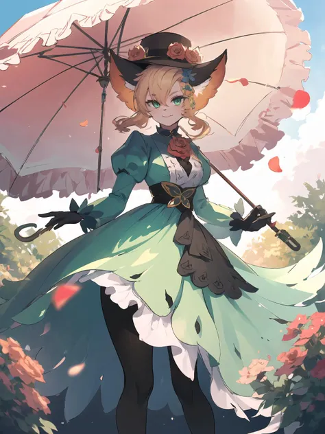 masterpiece,best quality,highres,cinematic lighting,dramatic angle,1girl,<lora:ShadowverseCosmosFangV2:0.8:lbw=jiangshi3>,furry,green dress,long dress,puffy sleeves,black legwear,blonde hair,looking at  viewer,hat,feathers,hair flower,green eyes,smile,:3,cross-laced clothes,black shirt,clothing cutout,pink shoes,holding umbrella,juliet gloves,rose on chest,garden,petals,sunny,blue sky,whiet clouds,depth of field,alternative1,animal ears,portrait,close-up,bowtie,sunny,from random point of view,butterfly