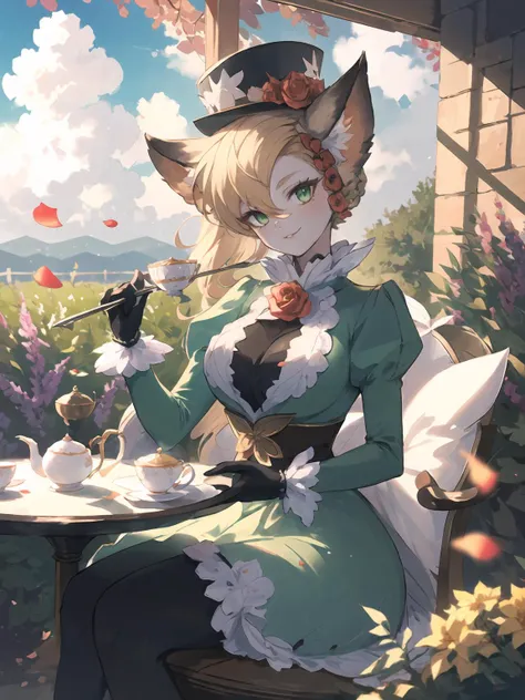 masterpiece,best quality,highres,cinematic lighting,dramatic angle,1girl,<lora:ShadowverseCosmosFangV2:0.8:lbw=jiangshi3>,furry,green dress,long dress,puffy sleeves,black legwear,blonde hair,looking at  viewer,hat,feathers,hair flower,green eyes,smile,:3,cross-laced clothes,black shirt,clothing cutout,sunshade,juliet gloves,rose on chest,garden,petals,sunny,blue sky,whiet clouds,depth of field,alternative1,animal ears,portrait,close-up,bowtie,sitting,across table,pov across table,afternoon tea,teacup,dessert,cupcake,teapot,head tilt,fence,parted lips