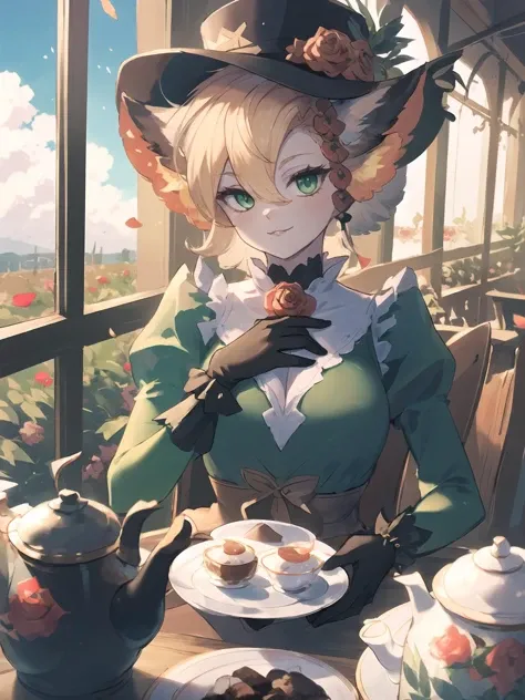 masterpiece,best quality,highres,cinematic lighting,dramatic angle,1girl,<lora:ShadowverseCosmosFangV2:0.8:lbw=jiangshi3>,furry,green dress,long dress,puffy sleeves,black legwear,blonde hair,looking at viewer,hat,feathers,hair flower,green eyes,smile,:3,cross-laced clothes,black shirt,clothing cutout,sunshade,juliet gloves,rose on chest,garden,petals,sunny,blue sky,whiet clouds,depth of field,alternative1,animal ears,portrait,close-up,bowtie,sitting,across table,pov across table,afternoon tea,teacup,dessert,cupcake,teapot,head tilt,fence,parted lips