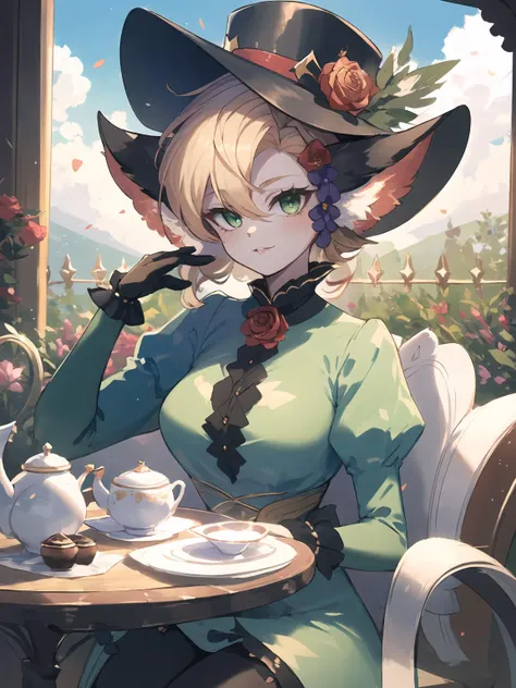 masterpiece,best quality,highres,cinematic lighting,dramatic angle,1girl,<lora:ShadowverseCosmosFangV2:0.8:lbw=jiangshi3>,furry,green dress,long dress,puffy sleeves,black legwear,blonde hair,looking at  viewer,hat,feathers,hair flower,green eyes,smile,:3,cross-laced clothes,black shirt,clothing cutout,sunshade,juliet gloves,rose on chest,garden,petals,sunny,blue sky,whiet clouds,depth of field,alternative1,animal ears,portrait,close-up,bowtie,sitting,across table,pov across table,afternoon tea,teacup,dessert,cupcake,teapot,head tilt,fence,parted lips