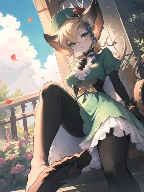 masterpiece,best quality,highres,cinematic lighting,dramatic angle,1girl,<lora:ShadowverseCosmosFangV2:0.8:lbw=jiangshi3>,furry,green dress,long dress,puffy sleeves,black pantyhose,blonde hair,looking at viewer,hat,feathers,frills,hair flower,green eyes,:3,cross-laced clothes,black shirt,clothing cutout,sunshade,juliet gloves,rose on chest,garden,petals,sunny,blue sky,whiet clouds,depth of field,alternative1,animal ears,portrait,close-up,bowtie,sitting,on chair,(from below:1.3),foot focus,pov,feet,parted lips,embarrassed,shy,:<,foot up,shaded face,(footjob pose:1.1)