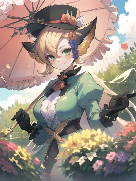 masterpiece,best quality,highres,cinematic lighting,dramatic angle,1girl,<lora:ShadowverseCosmosFangV2:0.8>,furry,green dress,long dress,puffy sleeves,black legwear,blonde hair,looking at viewer,hat,feathers,hair flower,green eyes,smile,:3,cross-laced clothes,black shirt,clothing cutout,pink shoes,holding umbrella,juliet gloves,rose on chest,garden,petals,sunny,blue sky,whiet clouds,depth of field,alternative1,animal ears,portrait,close-up,bowtie,sunny,from random point of view,butterfly