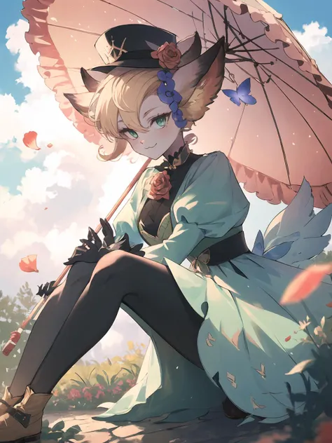 masterpiece,best quality,highres,cinematic lighting,dramatic angle,1girl,<lora:ShadowverseCosmosFangV2:0.8:lbw=jiangshi3>,furry,green dress,long dress,puffy sleeves,black legwear,blonde hair,looking at  viewer,hat,feathers,hair flower,green eyes,smile,:3,cross-laced clothes,black shirt,clothing cutout,pink shoes,holding umbrella,juliet gloves,rose on chest,garden,petals,sunny,blue sky,whiet clouds,depth of field,alternative1,animal ears,portrait,close-up,bowtie,sunny,from random point of view,butterfly