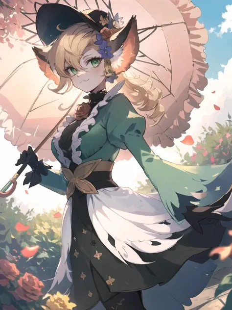 masterpiece,best quality,highres,cinematic lighting,dramatic angle,1girl,<lora:ShadowverseCosmosFangV2:0.8:lbw=jiangshi3>,furry,green dress,long dress,puffy sleeves,black legwear,blonde hair,looking at  viewer,hat,feathers,hair flower,green eyes,smile,:3,cross-laced clothes,black shirt,clothing cutout,pink shoes,holding umbrella,juliet gloves,rose on chest,garden,petals,sunny,blue sky,whiet clouds,depth of field,alternative1,animal ears,portrait,close-up,bowtie,sunny,from random point of view,butterfly