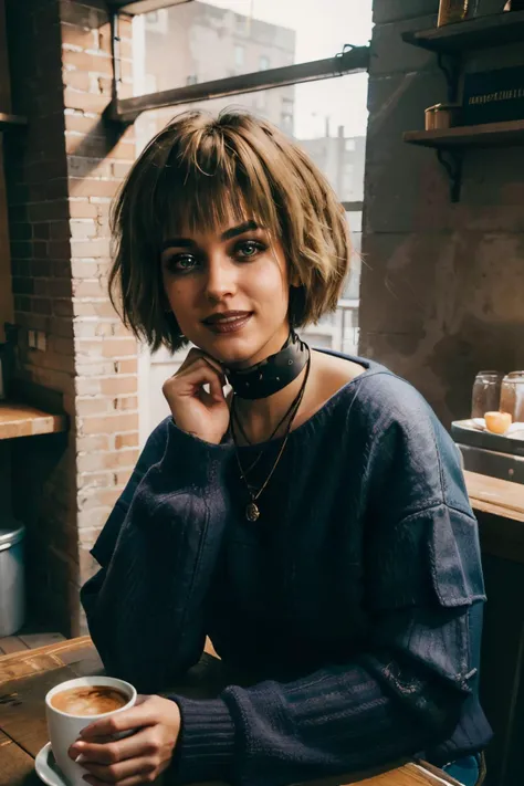 misty, blond hair, choker, makeup, sweater, bangs, looking at viewer, smiling, happy,
sitting , interior of a cafe,table, coffee cup, overcast, extreme detail, hdr, beautiful quality, <lora:MistyLORA:.7>