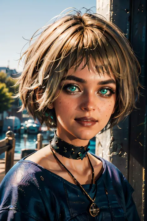misty,blond hair, green eyes, choker, makeup, sweater, bangs, looking at viewer, smiling, portrait,
outside, blue sky, extreme detail, hdr, beautiful quality, <lora:MistyLORA:.7>