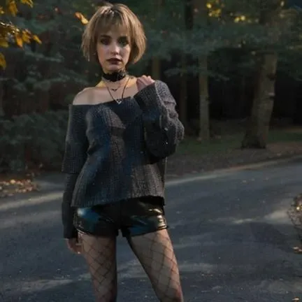 , masterpiece, Highest Quality, Highest Resolution, perfect background, perfect perspective, sharp image, perfect details, perfect lighting, perfect shadows, Perfect lighting, Best background,
misty, fishnet pantyhose, blond hair, choker, makeup, sweater, black shorts, photorealistic, bangs, full body phofo, in forest, zoomed out, standing,