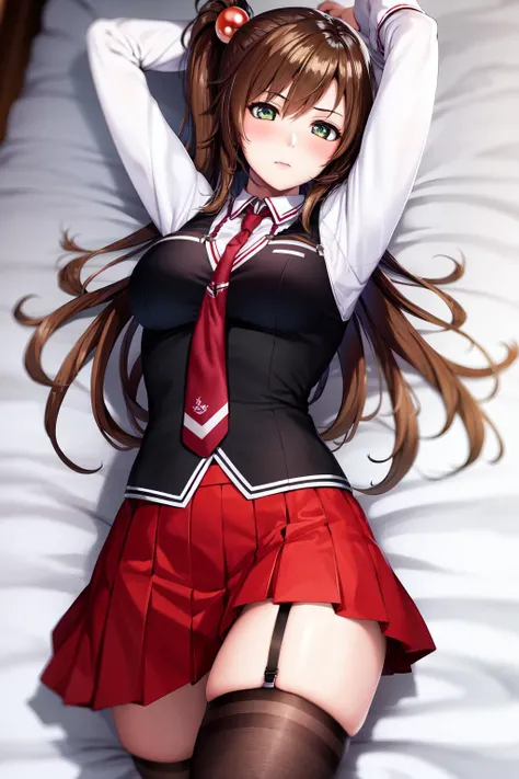 masterpiece, best quality, highres, 1girl kurumi imari, school uniform red skirt red necktie black thighhighs white shirt black vest strap <lora:kurumi_imari:1> photorealistic, bed sheet, lying on back, arms up