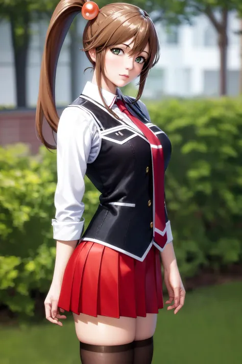 masterpiece, best quality, highres, 1girl kurumi imari, school uniform red skirt red necktie black thighhighs white shirt black vest strap <lora:kurumi_imari:1> from side, photorealistic