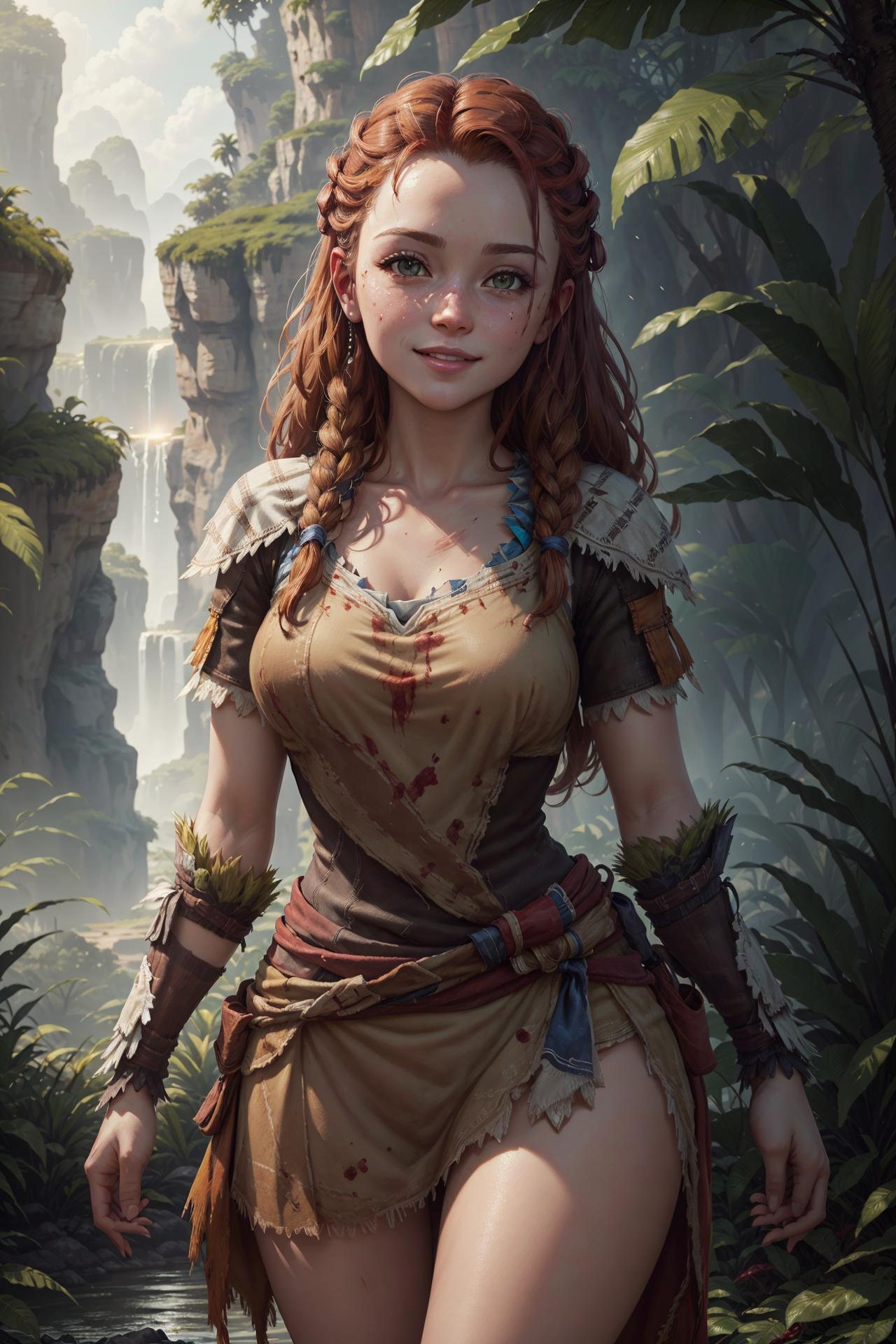 A woman in a brown dress standing in front of a waterfall - SeaArt AI