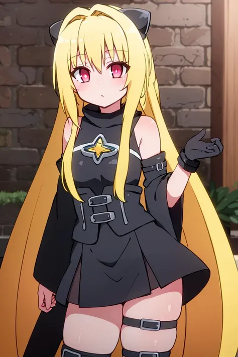 <lora:miyazero_style:0.6>,(masterpiece:1.6, best quality), (finely detailed beautiful eyes: 1.2), phyami, yaminor, 1girl, solo, blonde hair, long hair, red eyes, thigh strap, very long hair, detached sleeves, black dress, <lora:yami-v1:1.0>,contrapposto