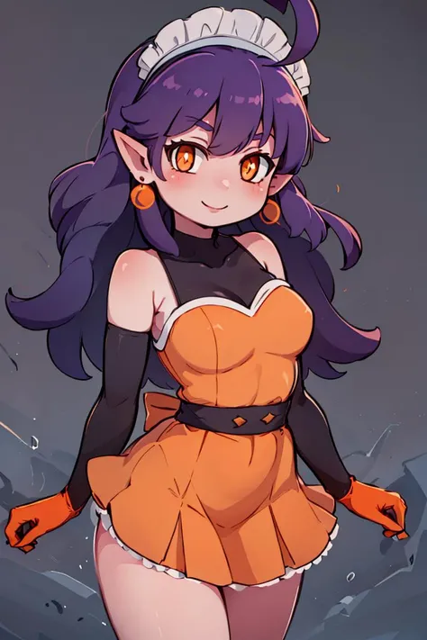 <lora:miyazero_style:0.6>,((masterpiece,best quality)), absurdres, <lora:Stardust_Pumpkins_Citron_OC_Anime:0.8>, Stardust_Pumpkins_Citron_OC, 1girl, solo, long purple hair, orange eyes, ahoge, pointy ears, orange dress, elbow gloves, bare shoulders, maid headdress, jewelry, earrings, solo, smiling, looking at viewer, cowboy shot, cinematic composition, , contrapposto,