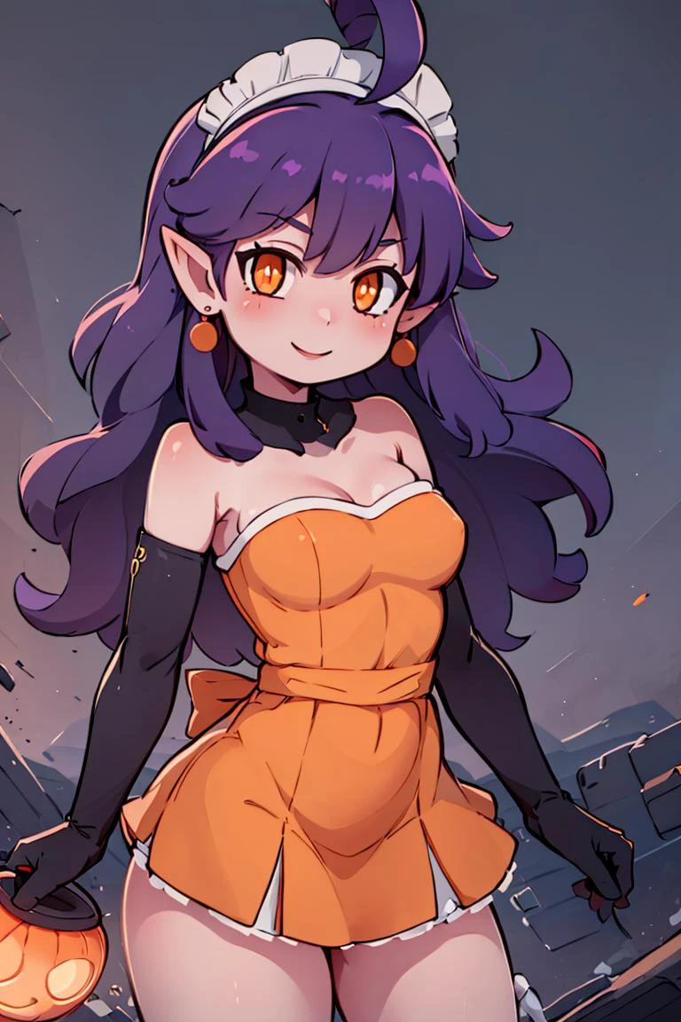 <lora:miyazero_style:0.6>,((masterpiece,best quality)), absurdres, <lora:Stardust_Pumpkins_Citron_OC_Anime:0.8>, Stardust_Pumpkins_Citron_OC, 1girl, solo, long purple hair, orange eyes, ahoge, pointy ears, orange dress, elbow gloves, bare shoulders, maid headdress, jewelry, earrings, solo, smiling, looking at viewer, cowboy shot, cinematic composition, , contrapposto,