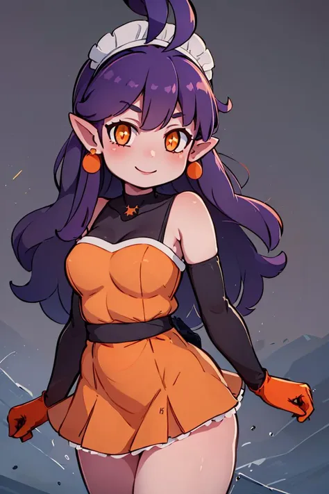 <lora:miyazero_style:0.6>,((masterpiece,best quality)), absurdres, <lora:Stardust_Pumpkins_Citron_OC_Anime:0.8>, Stardust_Pumpkins_Citron_OC,  1girl, solo, long purple hair,  orange eyes, ahoge, pointy ears, orange dress, elbow gloves, bare shoulders, maid headdress, jewelry, earrings,  solo, smiling, looking at viewer, cowboy shot,  cinematic composition,  , contrapposto,