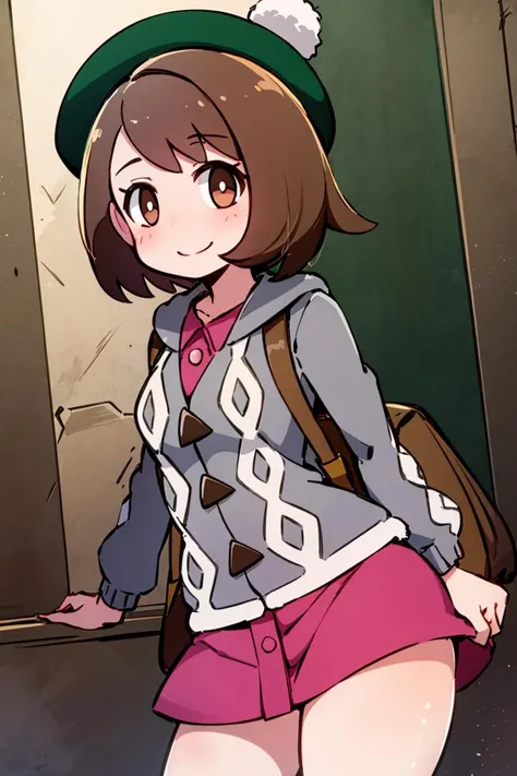 <lora:Pokemoa_Style:0.8>, ((masterpiece,best quality)), absurdres, <lora:gloria_(pokemon)_v1:0.7>, gloria \(pokemon\), brown hair, solo, backpack, brown eyes, tam o' shanter, grey cardigan, pink dress, short hair, green socks, socks, brown bag, bob cut, bangs, long sleeves, collared dress, solo, smiling, looking at viewer, cowboy shot, cinematic composition, contrapposto,