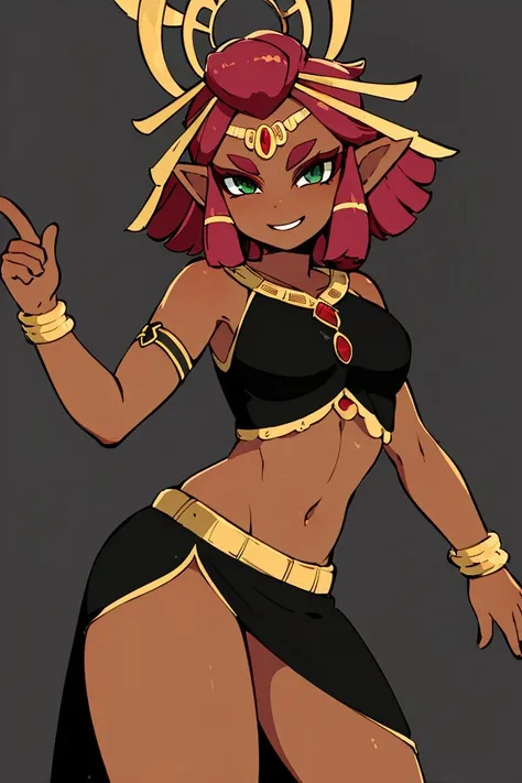 <lora:cutefires_style:0.8>,((masterpiece,best quality)), absurdres, <lora:Riju_Zelda_TotK:0.7>, Riju_Zelda,  midriff, black dress, solo, smiling, smug, looking at viewer, cowboy shot, cinematic composition, contrapposto