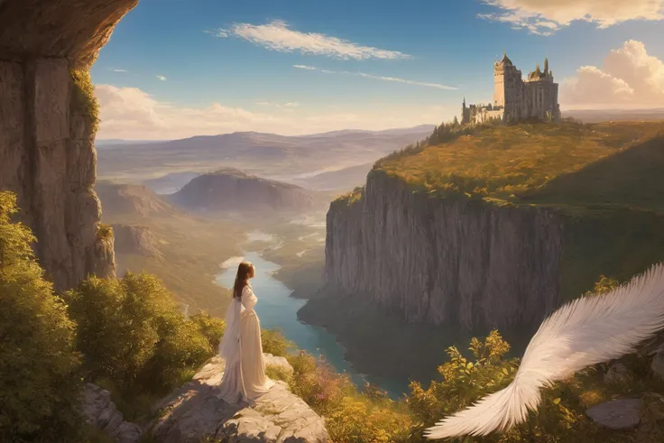 (best quality:1.4), (masterpiece:1.2), (detailed), divine female angel perched on a soft, glowing cloud, (luminous white feathers:1.3), serenely overlooking a majestic castle perched precariously on a rugged cliff edge. (sundrenched castle:1.2), (medieval architecture:1.1), the landscape below bathed in the soft golden hues of the setting sun, casting long shadows. The shot is taken from a high angle, emphasizing the perspective of the angel looking down, the majesty of the castle and the vast landscape beyond. (mystic atmosphere:0.9), (in the style of Thomas Kinkade:0.8), (impressionist brush strokes:1.1), the scene exudes a feeling of serenity and awe.