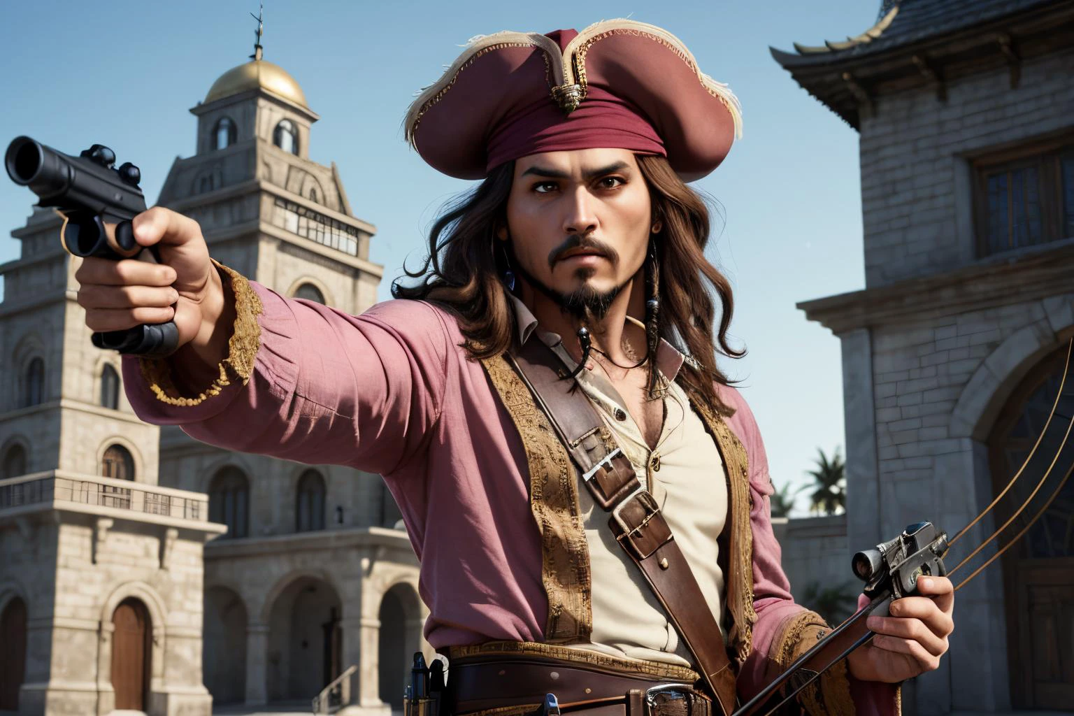 an awarded profesional photography of (1man:1.3) Maya with Dark green eyes with male Curly French Crop hair hairstyle and Jack Sparrow beard in pink color, he wear long-sleeve shirt and mao cap tears, with a weapon With a Crossbow Pistol strapped over the shoulder in The Tower of Destiny ,(epic scene:1.3),ultradetialed character with perfect face,detailed skin,(ultrasharp:1.3),(masterpiece:1.1),best quality,(photorealistic:1.2),ultrarealistic,realistic ultradetailed character,4k perfect quality, <lyco:GoodHands-beta2:1> by by Herb Ritts LED Lighting camera angle wide shot and focus on face Magnificent,Imperceptible detail,Intricately designed, (perfect quality face:1.5) hyper-detailed complex, insanely detailed, detailed clothes, detailed skin, detailed body, , 1man, realistic lights, realistic shadows, profesional photo