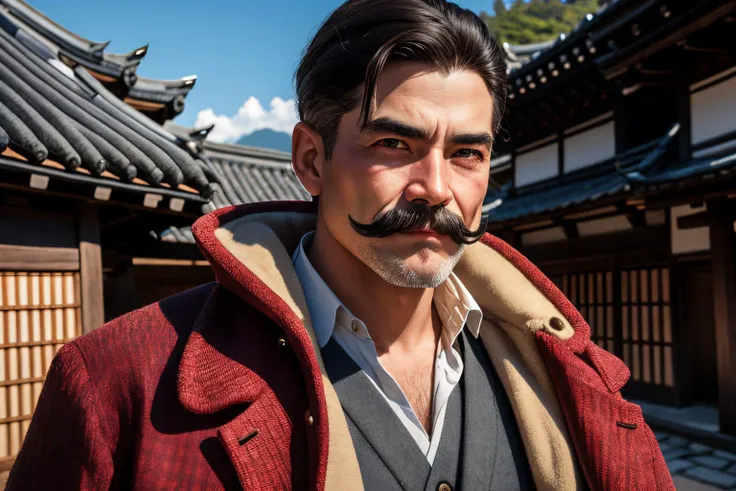 an awarded profesional photography of (1man:1.3) wizard  with Golden eyes with  male fade with mustache hairstyle and Chevron mustache in red color, he wear blazer and mian guan   sad smile, letter pose  in Step into the historic village of Shirakawa-go in Gifu, known for its traditional thatched-roof farmhouses (gassho-zukuri) that create a unique and charming landscape ,(epic scene:1.3),ultradetialed character with perfect face,detailed skin,(ultrasharp:1.3),(masterpiece:1.1),best quality,(photorealistic:1.2),ultrarealistic,realistic ultradetailed character,4k perfect quality, <lyco:GoodHands-beta2:1> by by Nick Brandt Three-Point Lighting camera angle pov and wide shot Magnificent,Imperceptible detail,Intricately designed,  (perfect quality face:1.5)  hyper-detailed complex,  insanely detailed, detailed clothes, detailed skin, detailed body, , 1man, realistic lights, realistic shadows, profesional photo