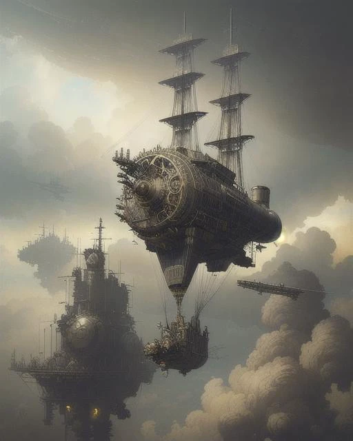 A steampunk airship soaring through the clouds, propelled by intricate machinery and billowing steam, rendered in a detailed and realistic style that emphasises the mechanical intricacies, by Ian McQue.