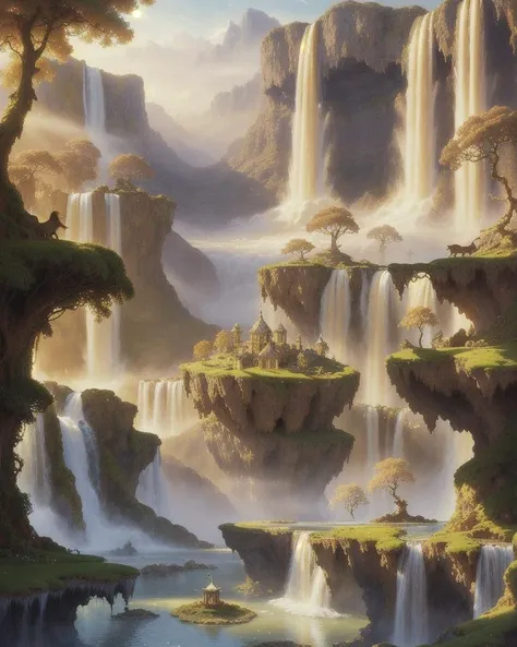 A whimsical fantasy landscape with floating islands, cascading waterfalls, and fantastical creatures, bathed in soft golden light, created in a painterly and ethereal style, by John Howe.