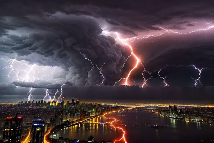 (view from above:0.8) city of light in the clouds exuding a godly aura of chrome and silver set high in the sky cradled by the whitest (((clouds))), ((in the background an enormous dark violent storm full of yellow and red lightning creeps through the clouds leaving a trail of darkness behind, moving towards the city))