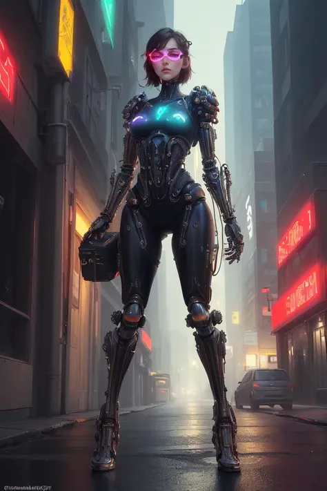 Set a scene conveying action and drama in an oppressive dystopian world. A digital painting depicting a young woman living in the bio-punk world maintaining humanity, Bio punk, a world where man and machinery are melded through biological organisms, biomechanical, repurposed muscles, enhanced sensory organs, enhanced limbs, armor made from bone and chitin, high definition, volumetric lighting, bioluminescence, high visual impact, detailed background of biomechanical city, synthetic biology, gene splicing, mega corporations (dark clothing with neon accents, lab or trench coats, biomechanical eyewear, body modifications, tactical cargo pants)