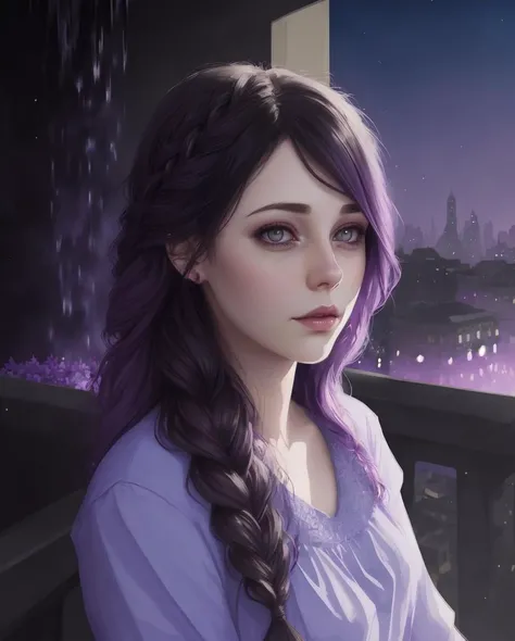 mundane Color splash, VRay, intricate details, Shadowy Boyfriend, Brunette hair, Dreamlike Waterfall braid hairstyle, city with Lilac, Cel shaded, Moonlit, artstation, art by Paul Lovering
