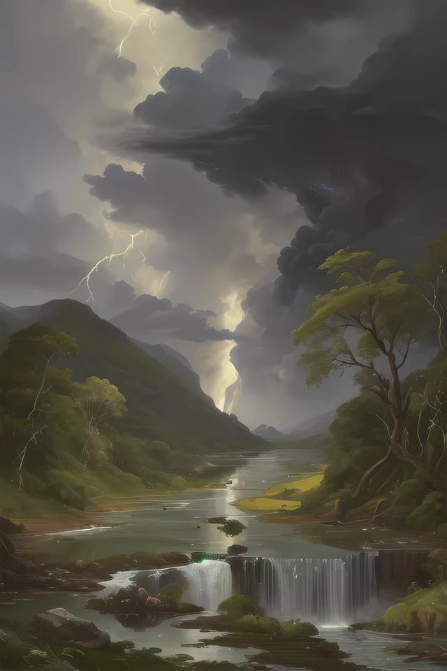 (landscape art by Louis-Léopold Boily:1.3) , Digital art, Rule of Thirds, landscape of a Caño Cristales, Wretched, Thunderstorm, Fine art, F/14