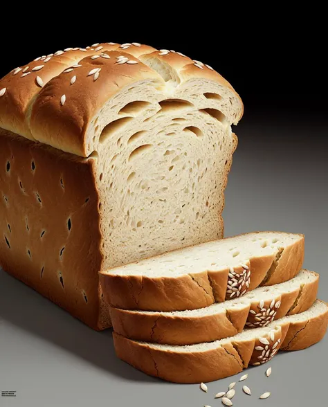bread loaf, sliced, rectangular, seed, coated, intricate details, concept art, Illustration, Screaming, Rule of Thirds, Nostalgic lighting, art by Richard Long
